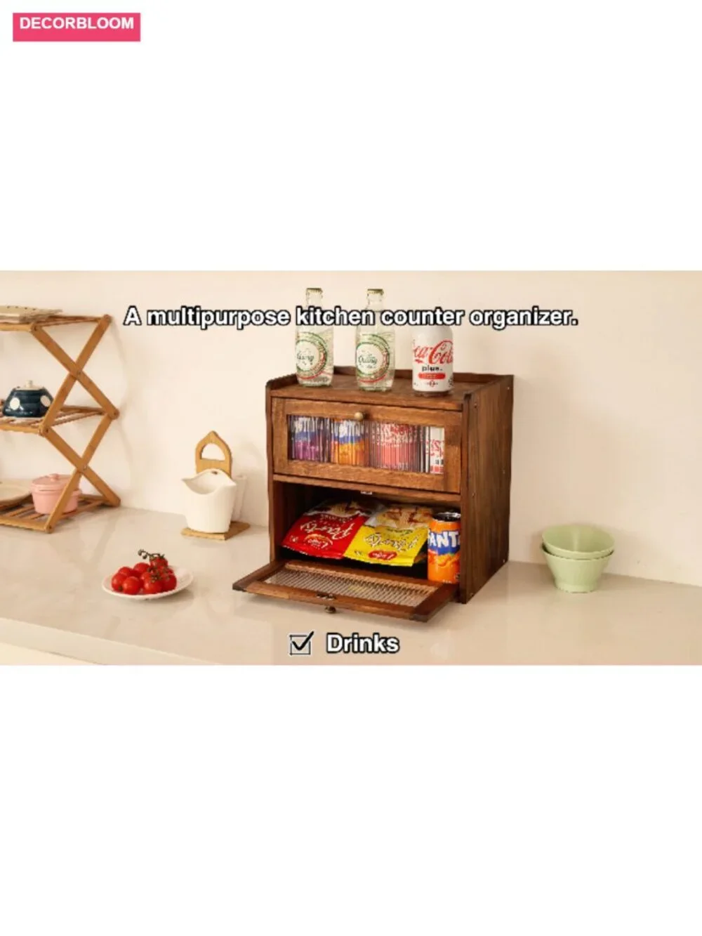Solid Pine Wood Large Double Layer Bread Box with Acrylic Window